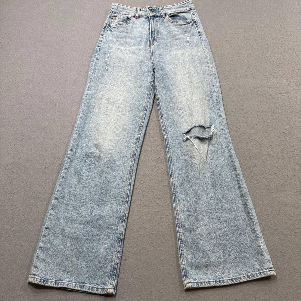 H&M Baggy Jeans Women's 6 Blue Light Wash Wide Leg High Rise Denim Distressed